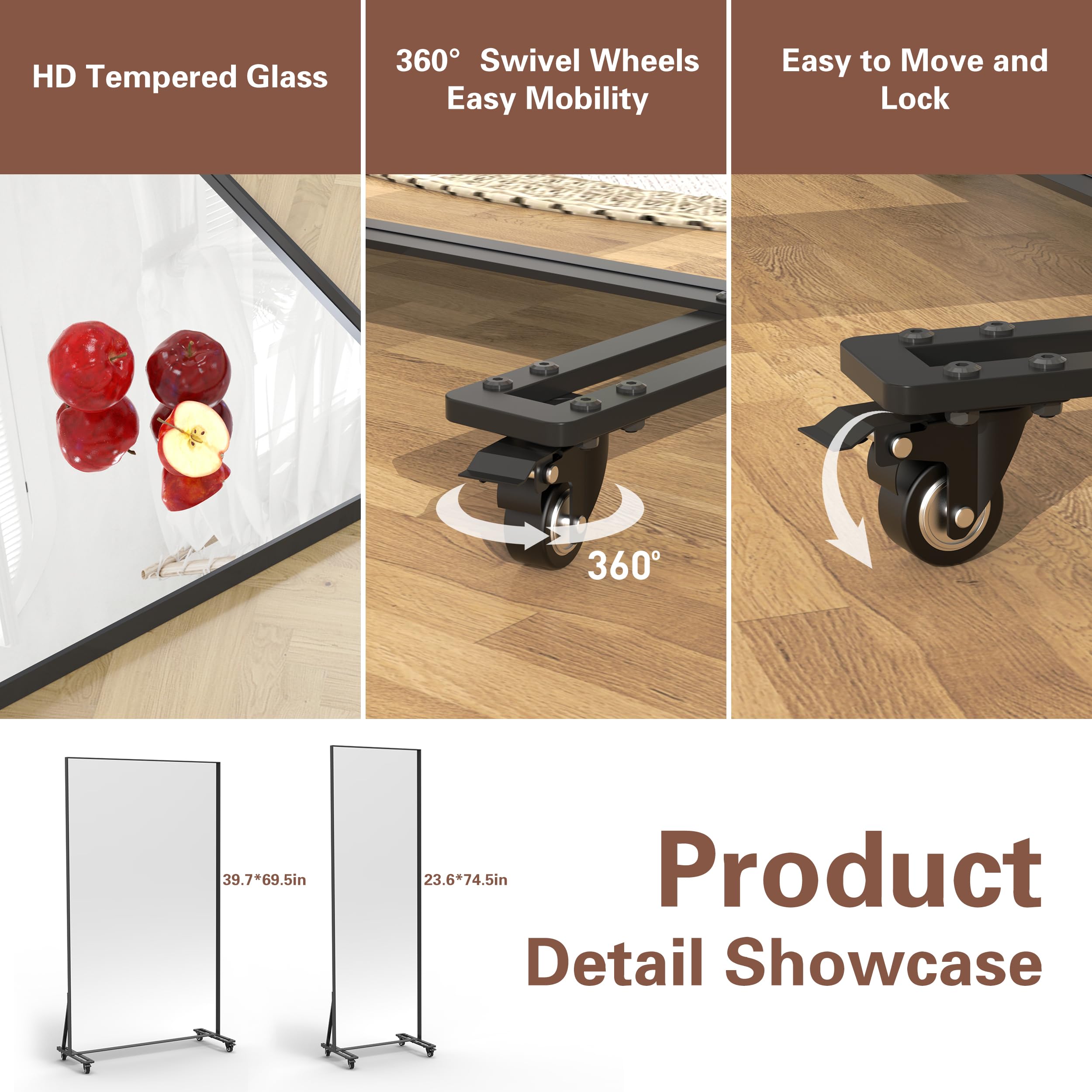 Full Length Mirror with Wheels - 360° Swivel Rolling Floor Mirror