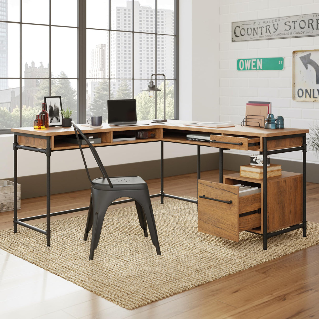 Iron City L-Desk, L: 60.00" x W: 60.00" x H: 30.00", Checked Oak Finish