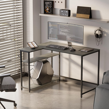 43 Inch L Shaped Computer Desk with Reversible Side Storage Shelves, Small Corner Desk