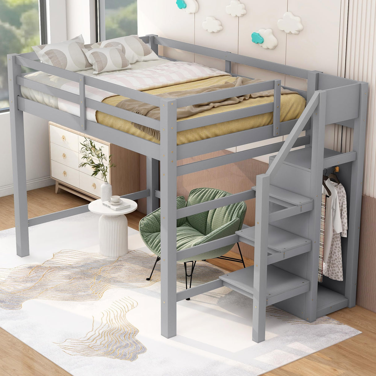 Full Loft Bed, Loft Bed Full Size with Storage Staircase and Wardrobe for Clothes, Wooden High Loft Bed Frame for Kids Girls Boys Bedroom, Grey