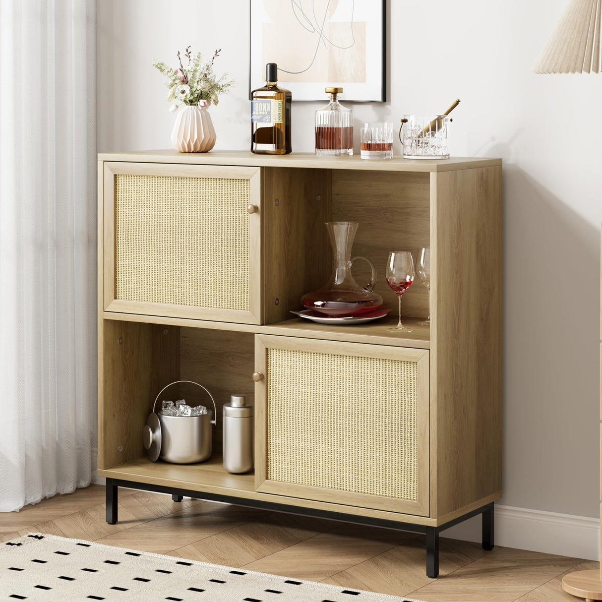 Sideboard Cabinet, Rattan Kitchen Buffet Storage Cabinet with Sliding Door