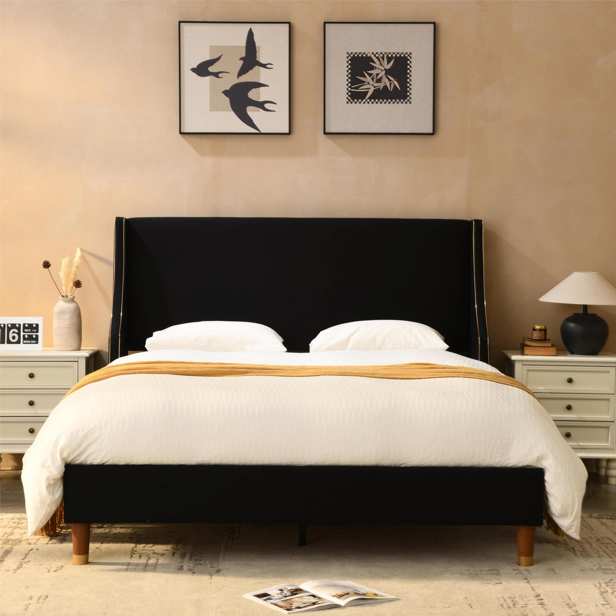 Queen-Size upholstered Platform Bed Frame, wingback headboard with Gold Lines,