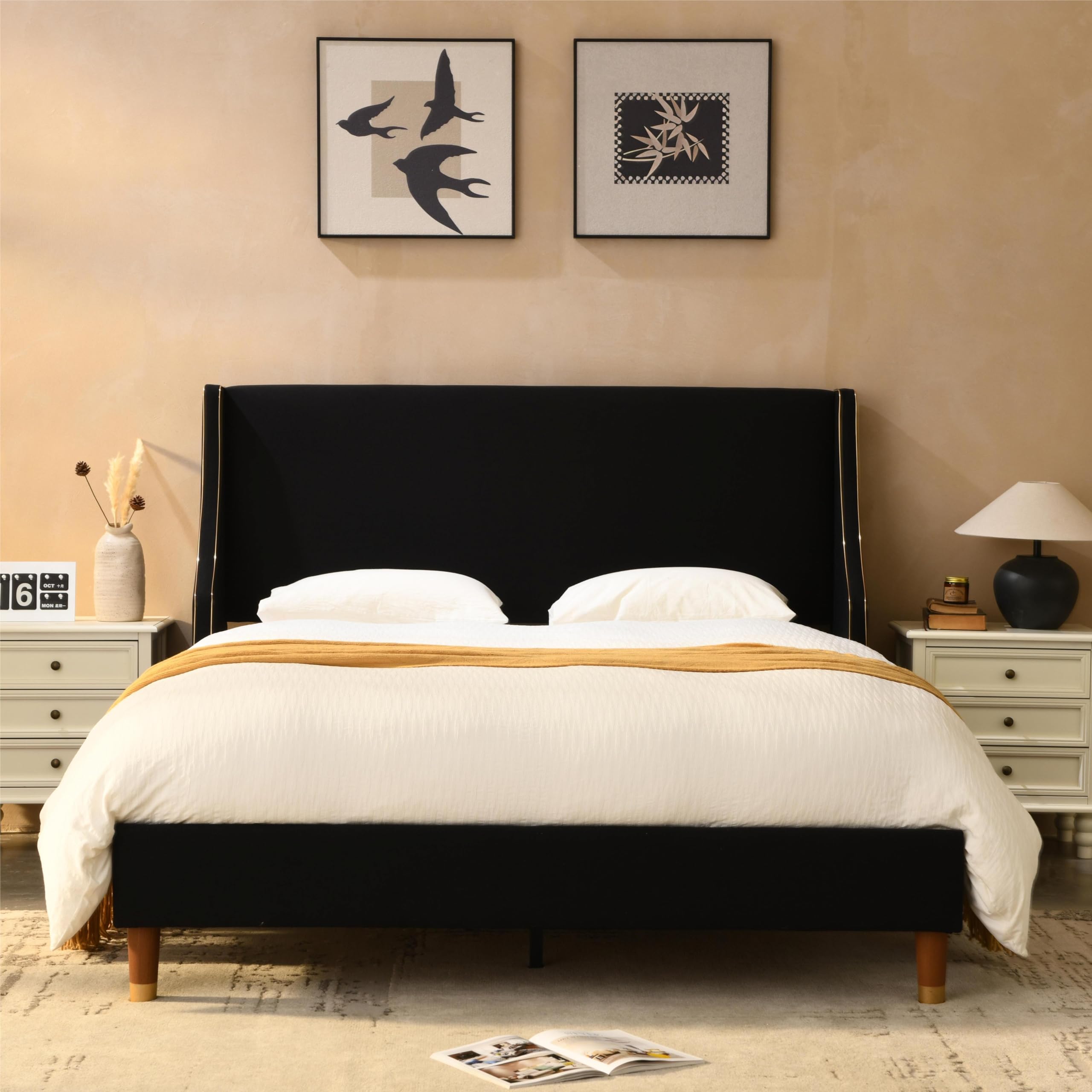Queen Upholstered Platform Bed Frame with Wingback Headboard