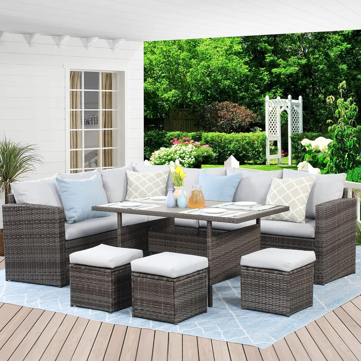 Wicker Rattan Outdoor Dining Set with Dining Table and Ottomans