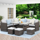 Wicker Rattan Outdoor Dining Set with Dining Table and Ottomans