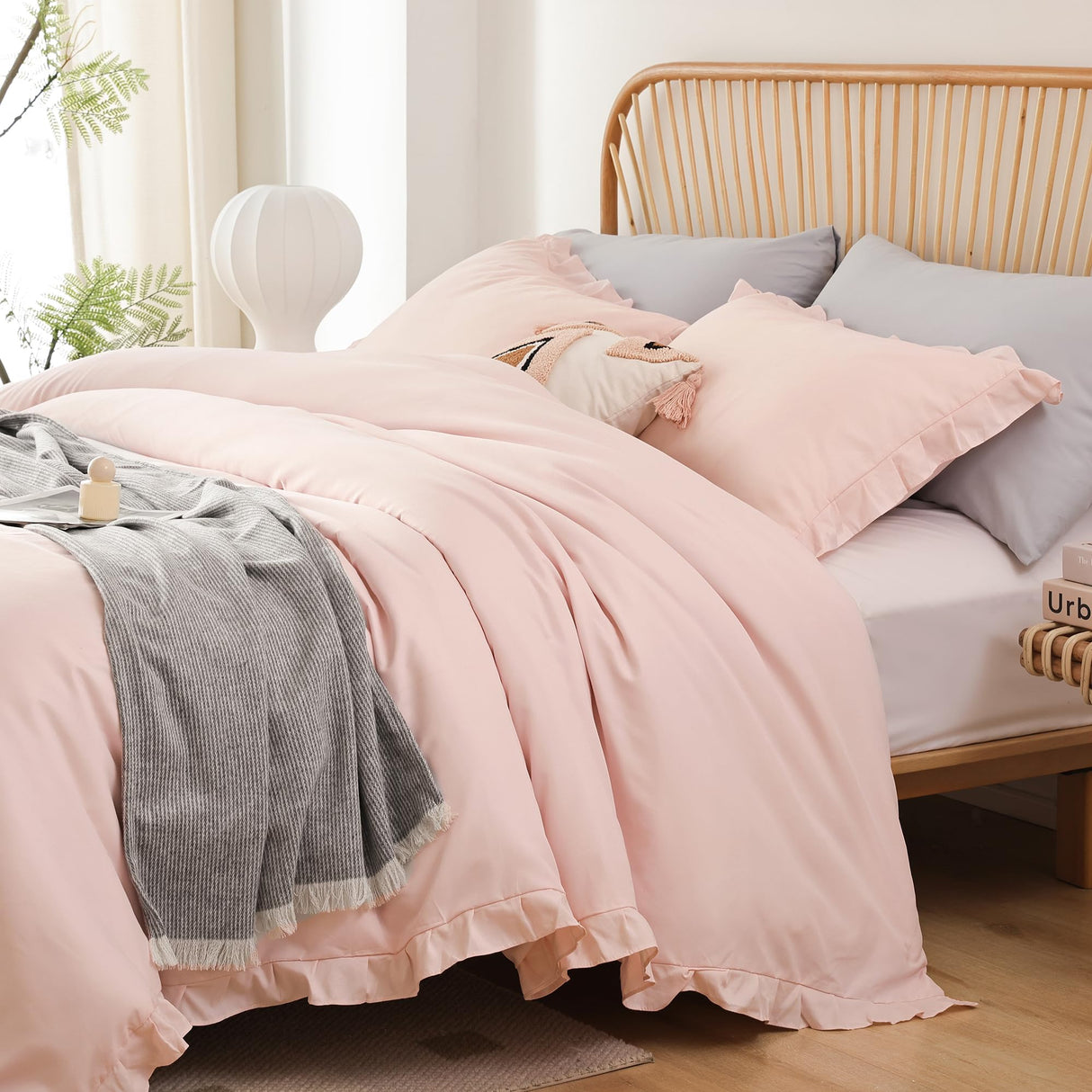 California King Comforter Set Beige Ruffle Comforter 3PCS Soft Fluffy Boho Comforter