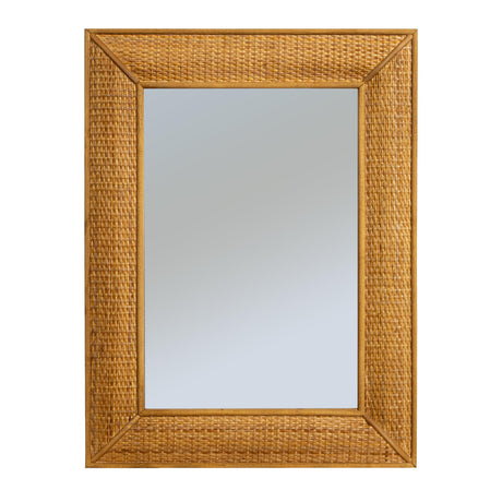 Rectangle Wood Framed Wall Mirror with Rattan Detail