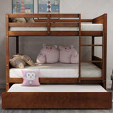 Bed with Twin Size Trundle, Pine Wood Bunk Bed Frame with Guardrails and Ladder for Bedroom and Teens (Oak)