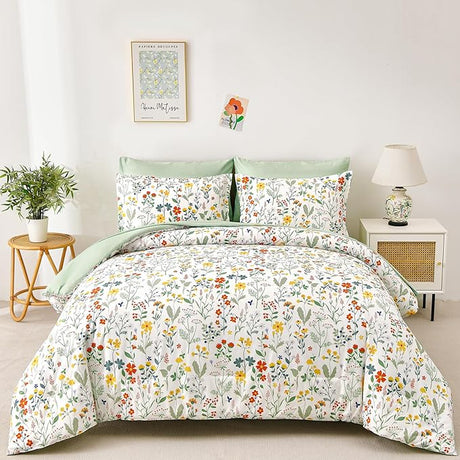 Khaki Comforter Set King Size 7 Pieces Floral Bed in a Bag Taupe Flower Green Leaves Bed Comforter Set Soft Bedding Sets for All Season with Flat Sheet, Fitted Sheets, Pillowcases & Shams