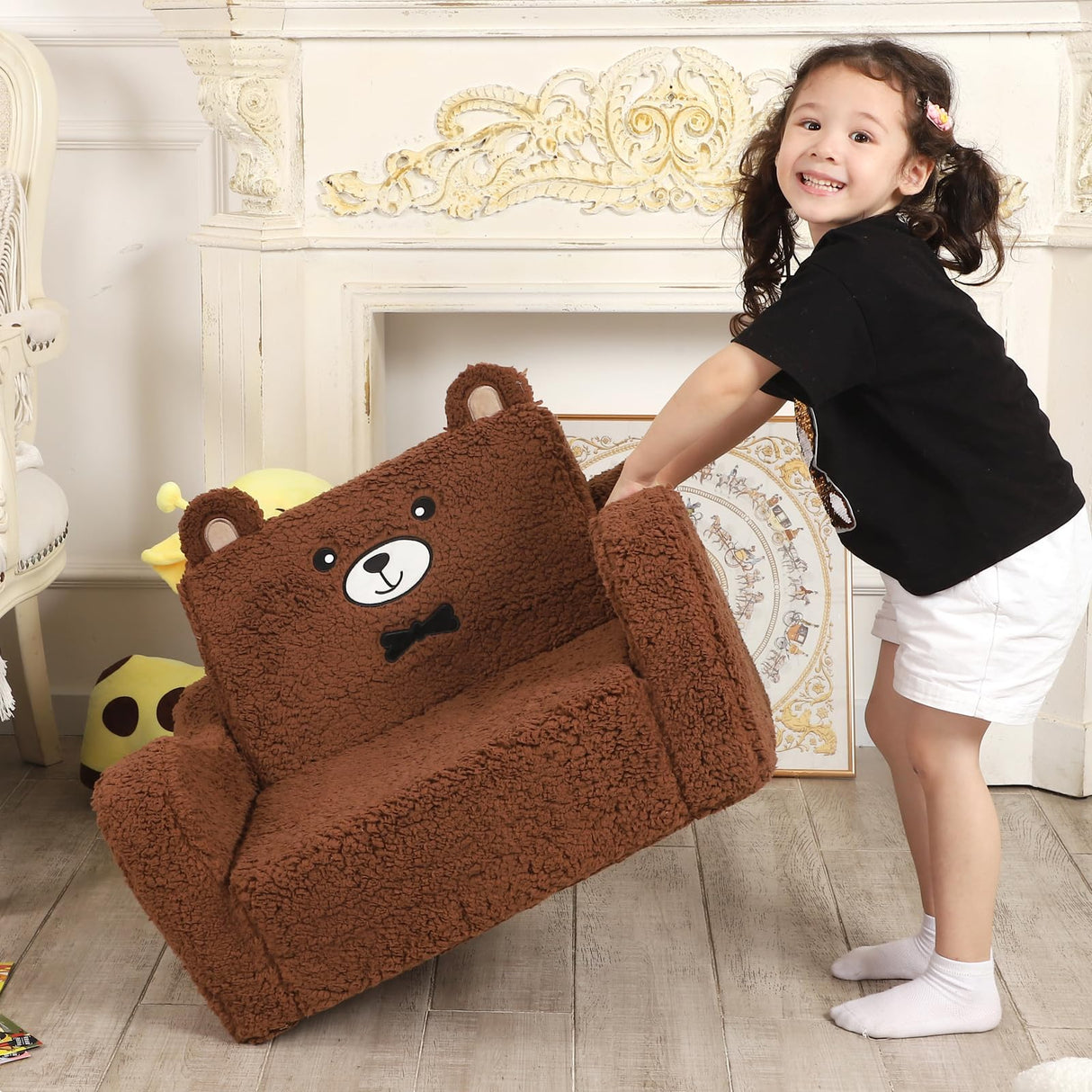 Kids Chairs for Toddler, 2-in-1 Toddler Soft Sherpa Couch Fold Out, Convertible Sofa to Lounger for Girls and Boys, Teddy Bear, Brown