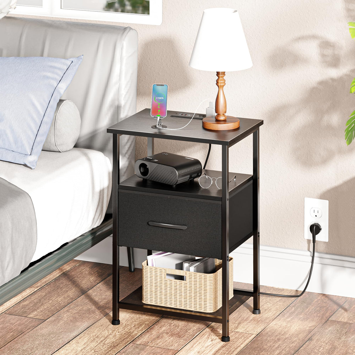 Nightstands Set of 2 with Fast Charging Station and Drawer, End Table Bedside Table