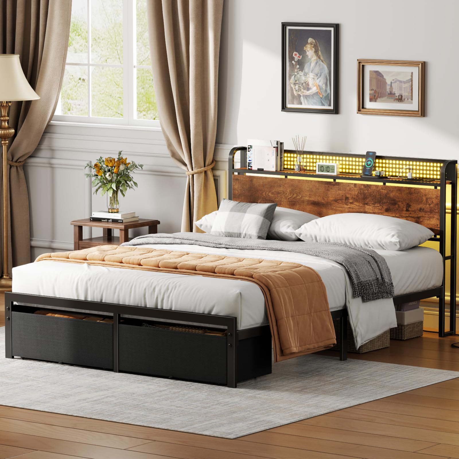 Queen Bed Frame with Storage Drawers and LED Lights