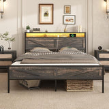 LED Full Size Bed Frame with Charging Station, Platform Metal Headboard Storage