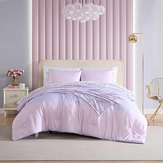 Twin Comforter Set with Matching Sham & Reversible Plush Throw - Bow Stripe Pink