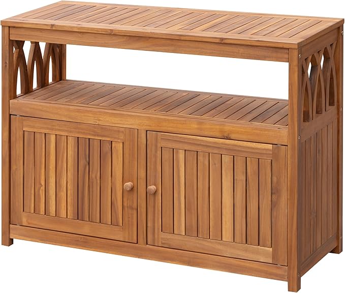 2-Tier Outdoor Storage Cabinet in Acacia Wood, with 2 Magnetic Doors, for Garden