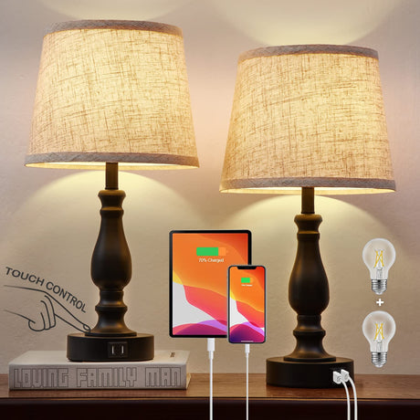 Table Lamps Set of 2, Bedside Nightstand Lamps with USB Charging Ports, 3 Way