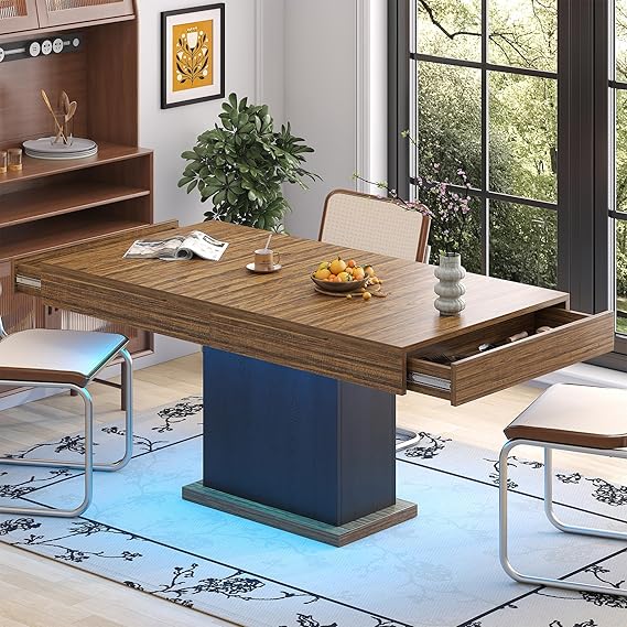 55-Inch Dining Table with Drawers & LED Lights - White & Rustic Brown