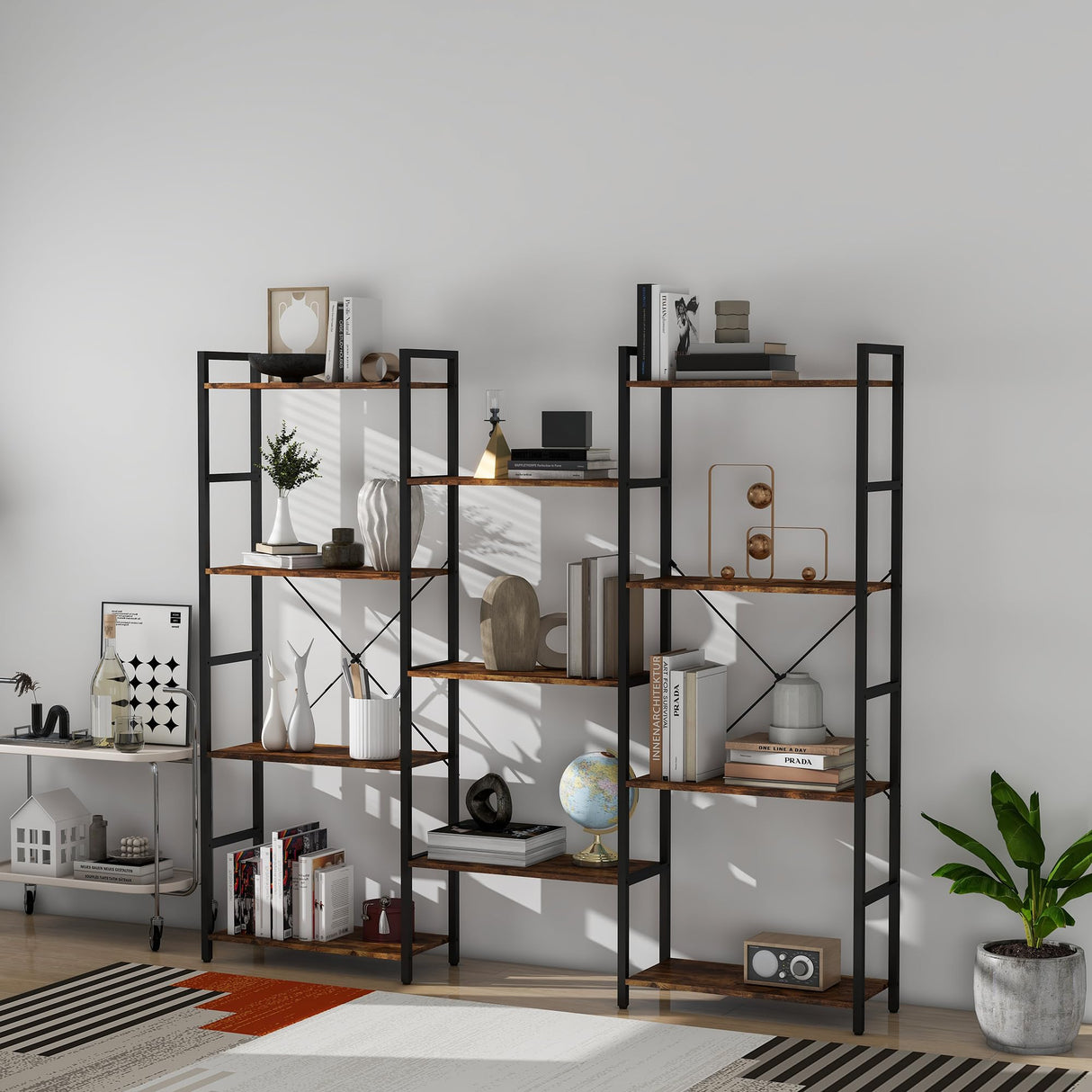 Triple 4 Tier Bookshelf, Industrial Bookcase with 11 Open Display Shelves Wide Book Shelf