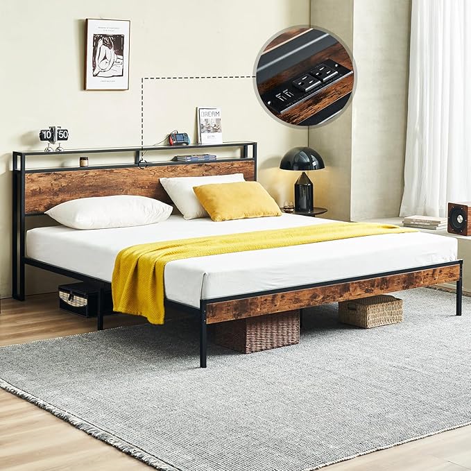 King Size Bed Frame with Charging Station, Platform Bed Frame with Storage Headboard,