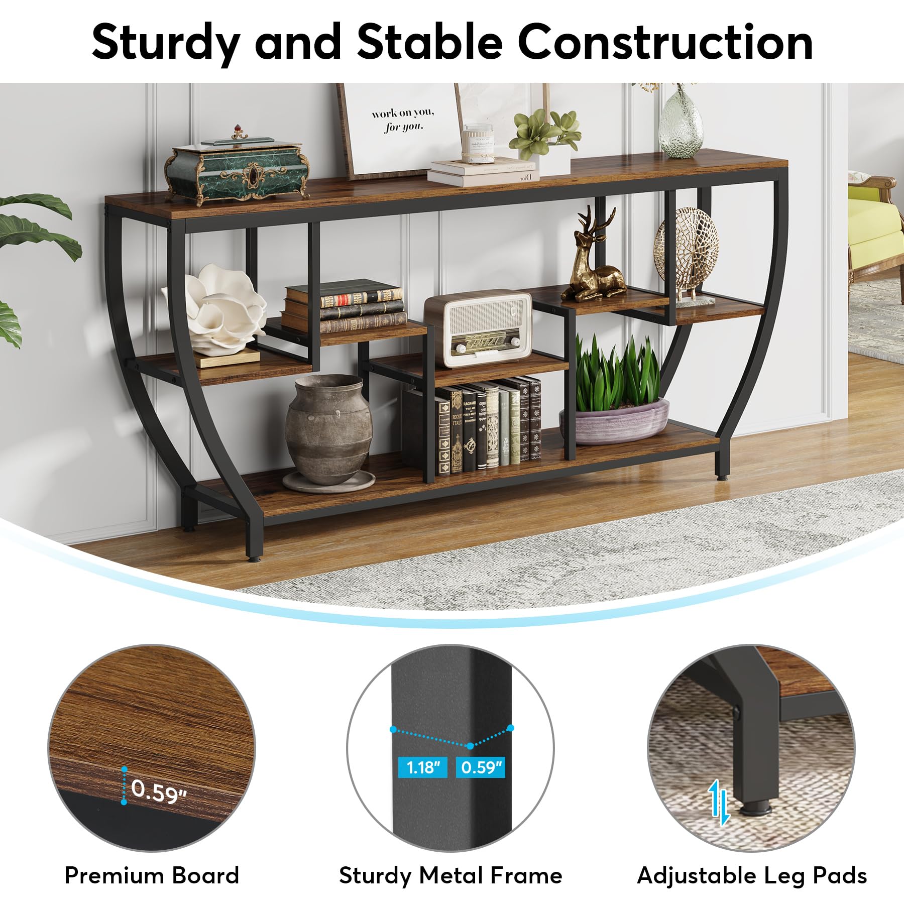 70.9 Inch Long Sofa Table with Shelves, Rustic Console Table with Storage