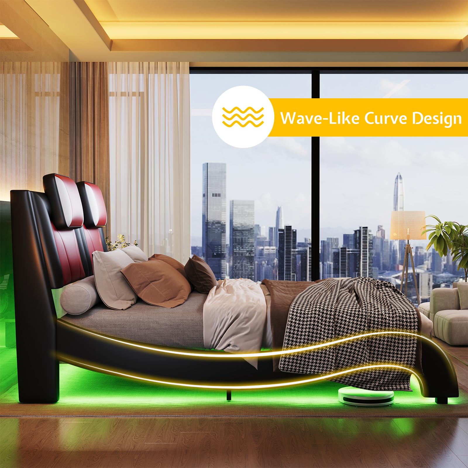 LED Full Size Bed Frame with Faux Leather Headboard