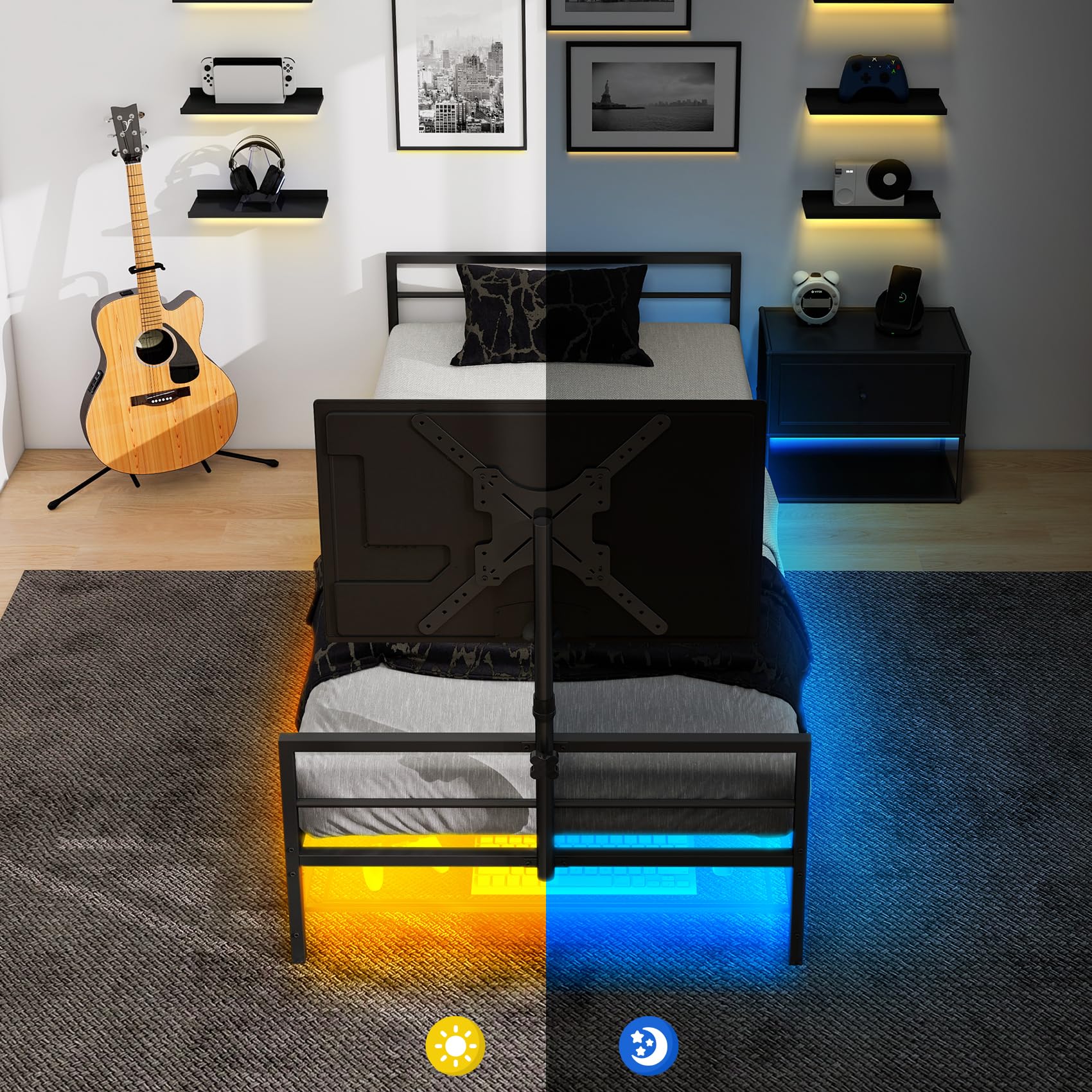 Twin Gaming Bed Frame with LED Lights & Rotating TV Mount