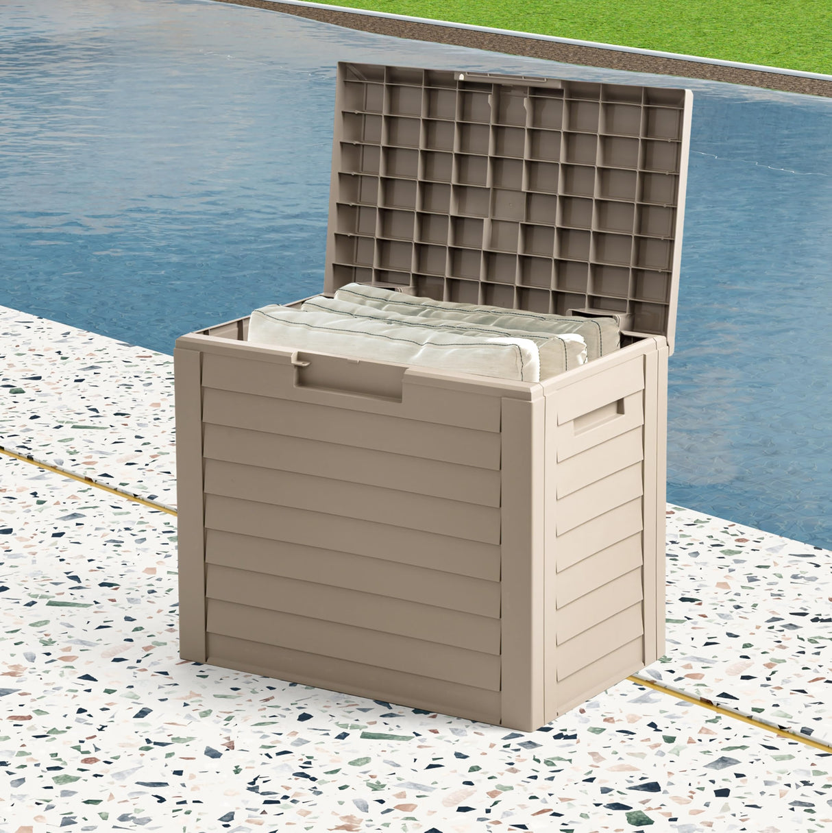 USA 35-Gallon Outdoor Deck Storage Box, Lockable & UV-Protected