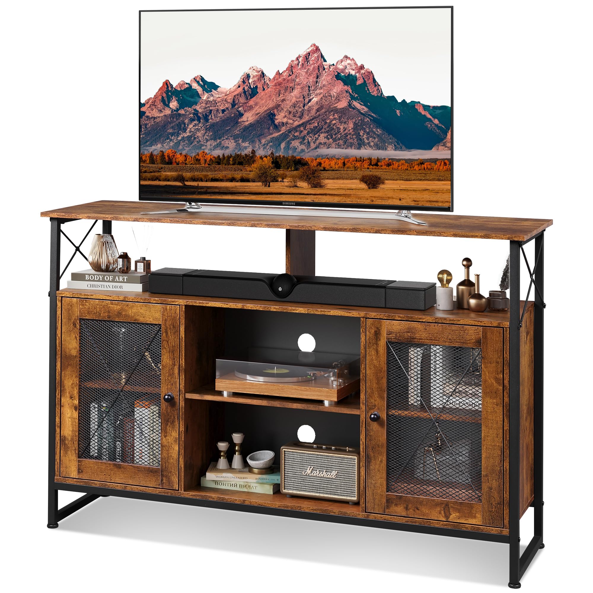 TV Stand 55 inch TV,Tall Entertainment Center with Storage, Farmhouse Industrial