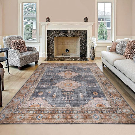 Camilla Boho Area Rug, 5'×7' Washable Oriental Accent Rug, Non-Slip Traditional Floral