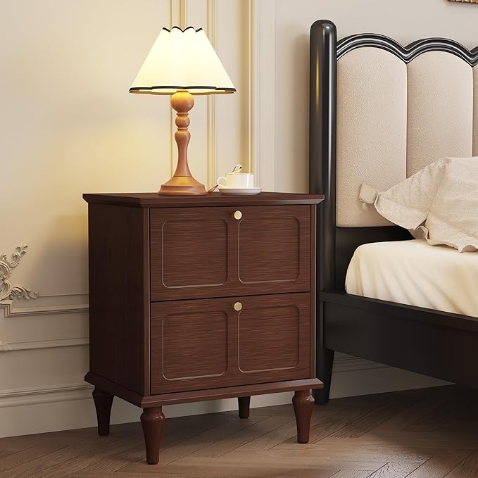 Mid-Century Modern Nightstand with Storage Drawers and Solid Wood Legs, Wood End