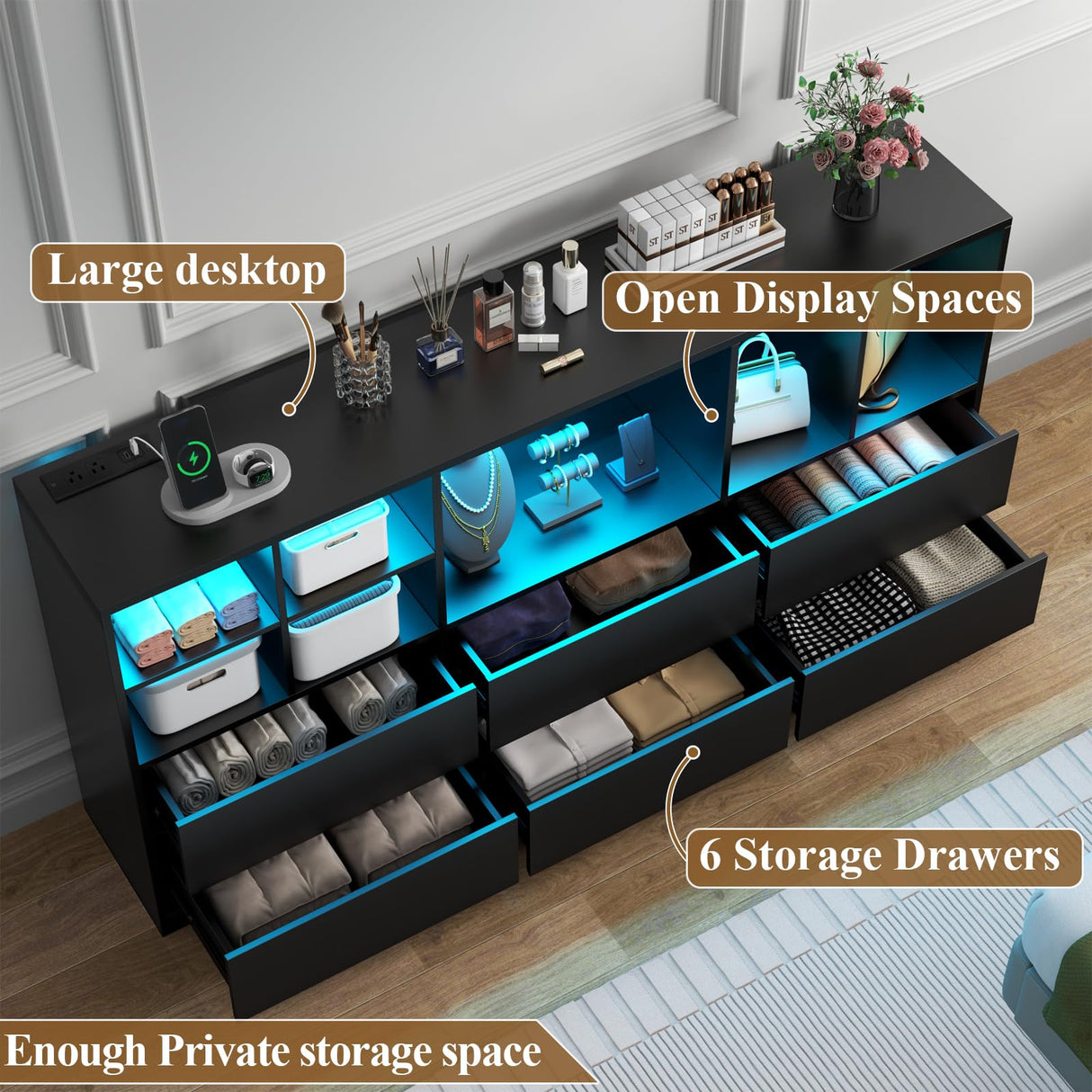 Black Dresser for Bedroom with 6 Drawers, Chest of Drawers