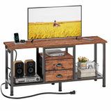 Stand with Power Outlets and 2 Fabric Drawers, 42 Inch Small Entertainment Center with Open Storage Shelves,