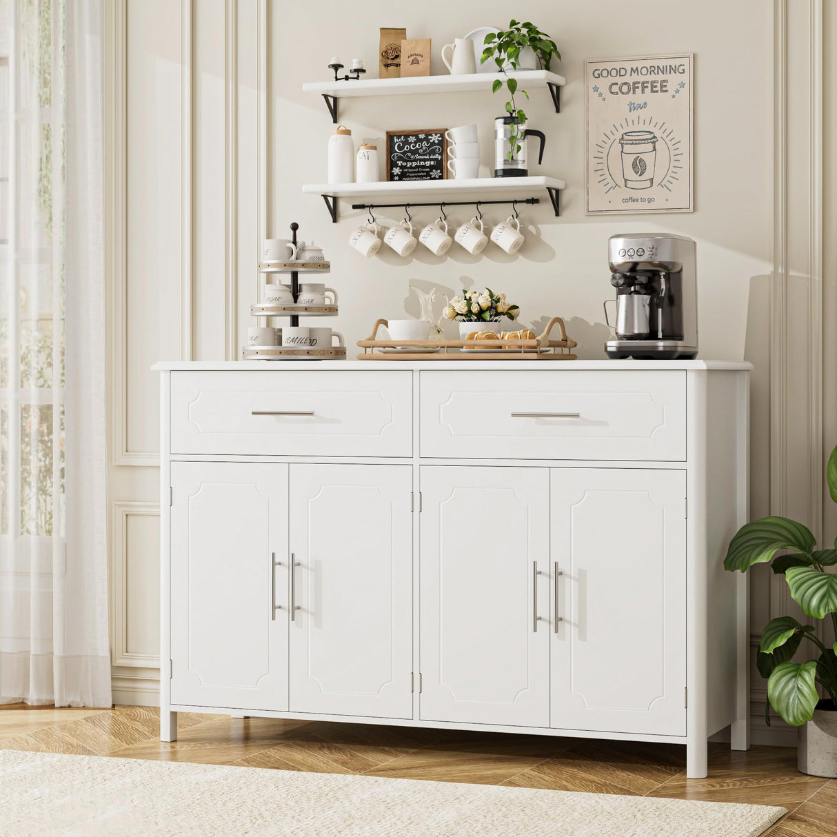 Buffet Sideboard Cabinet with Storage, White Coffee Bar Cabinet, Modern Kitchen