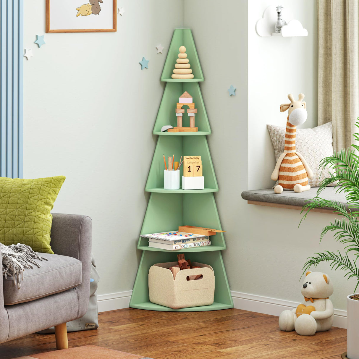 Tree BookShelf, 5 Tier Corner Book Shelf, 62" Tall Christmas Tree Corner Ladder Shelves Display Stand,