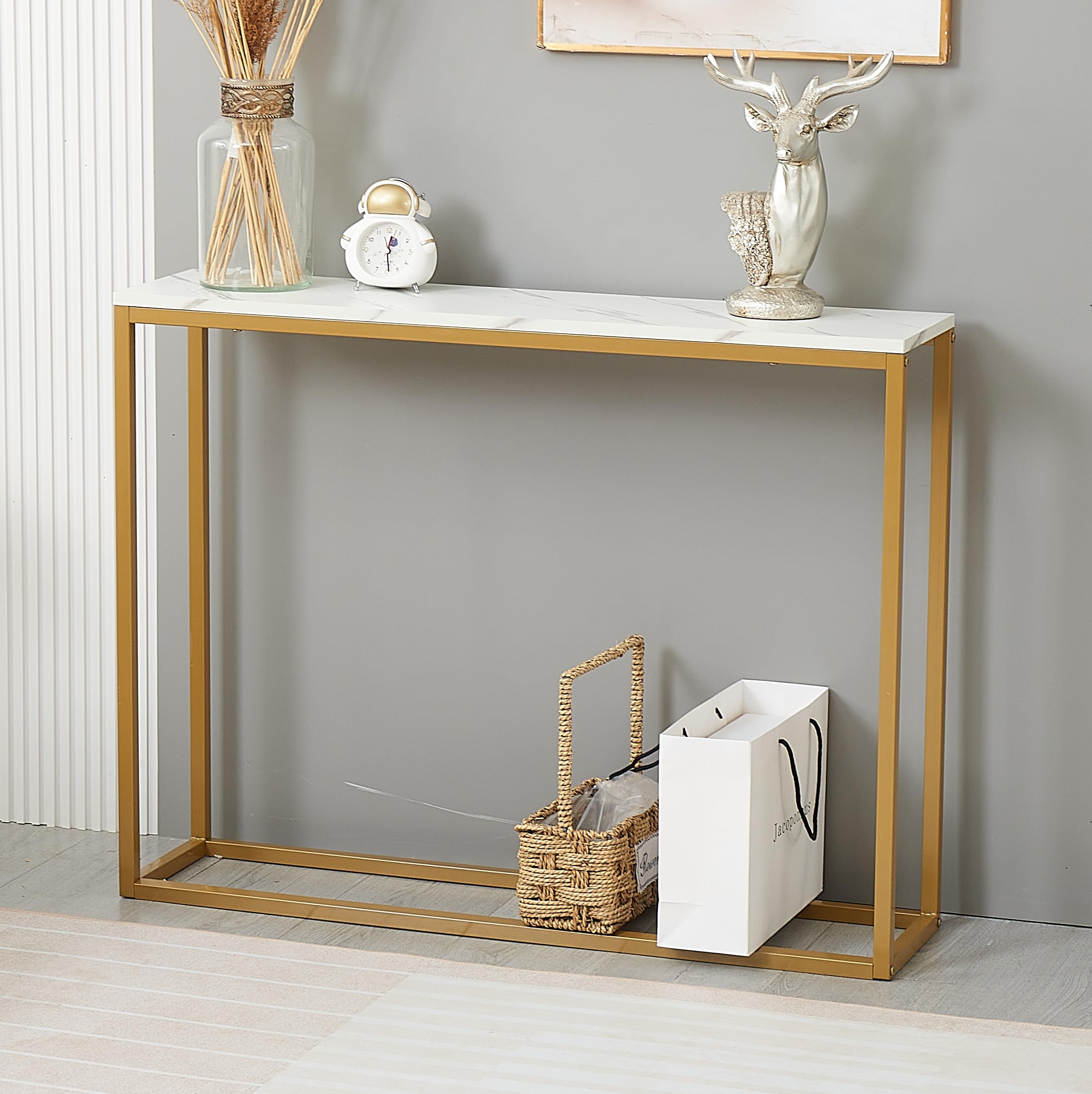 Modern Console Table for Entryway, MDF Faux Marble Sofa Table with Golden Metal