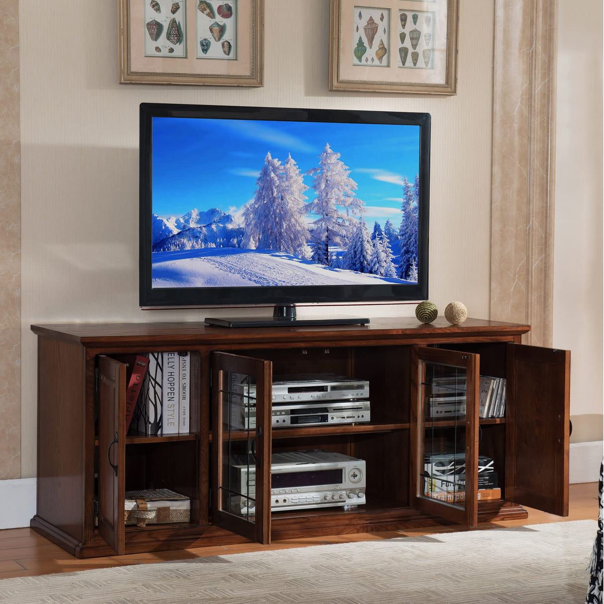 Leaded Glass TV Stand For 65" TV's, Burnished Oak