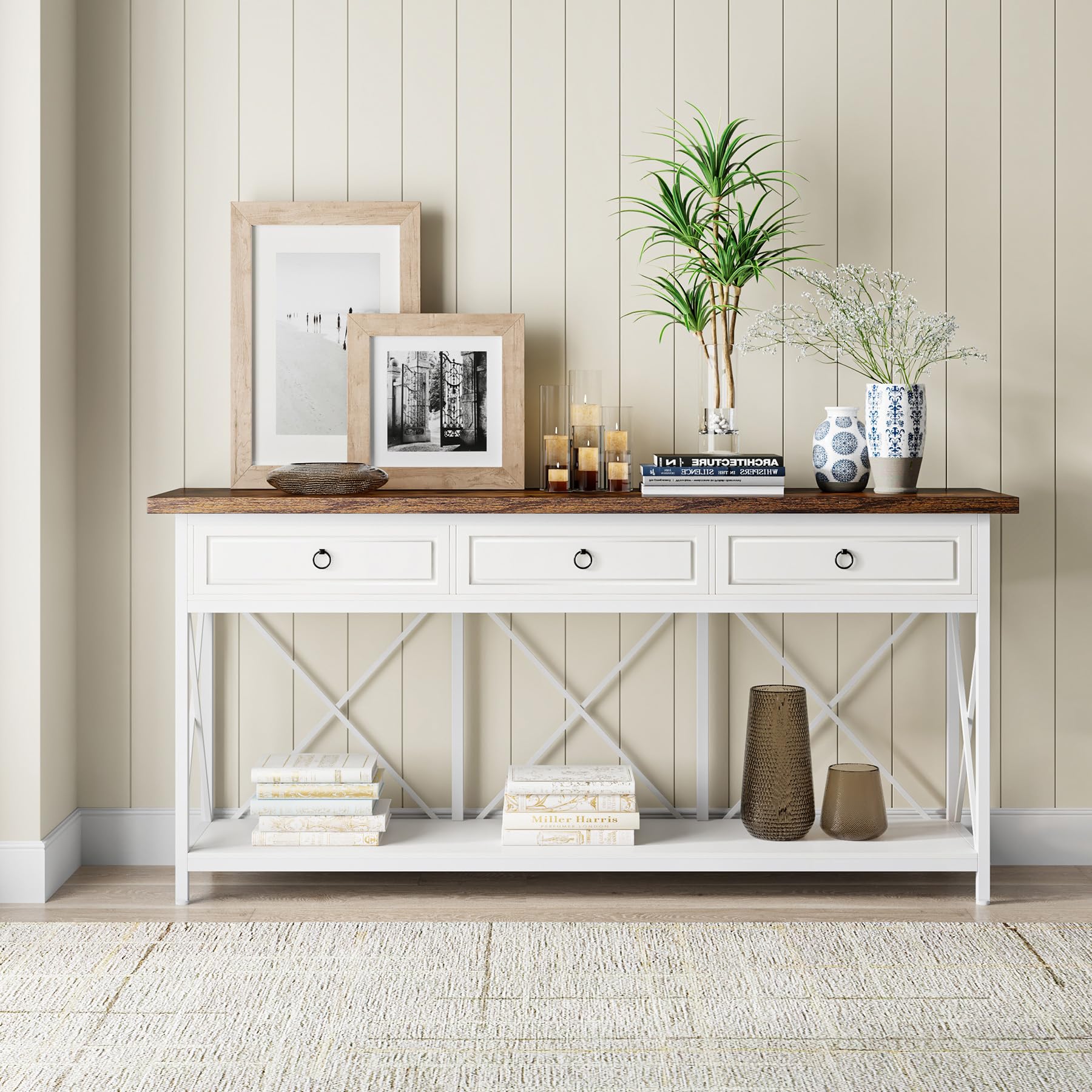 70.8" Console Table with 3 Drawers, Farmhouse Entryway Table with Storage Shelf