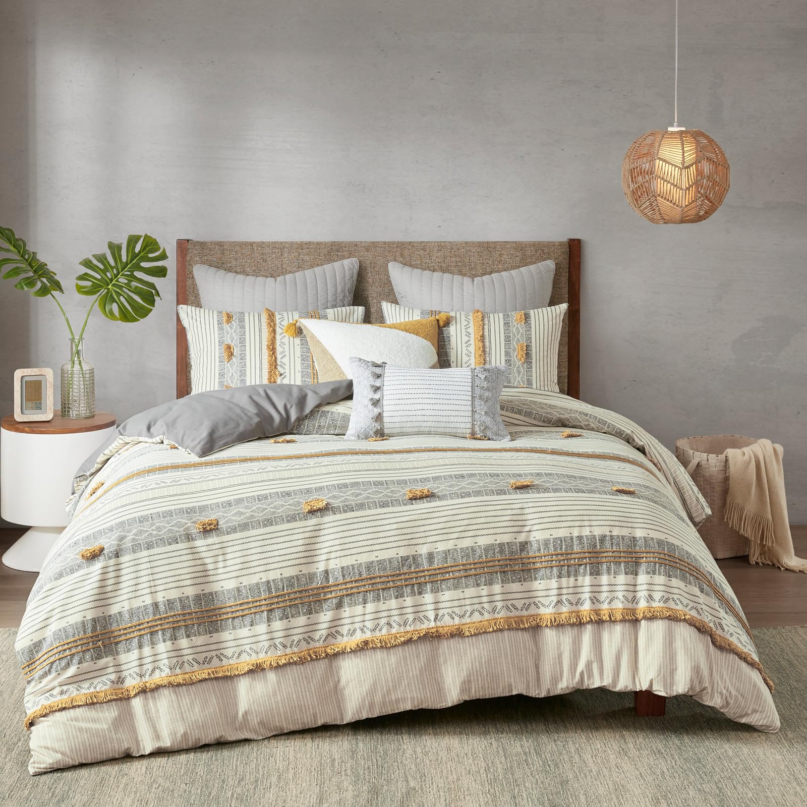 Cody King Comforter Set - Gray Yellow Boho Bedding with Pompom Trim