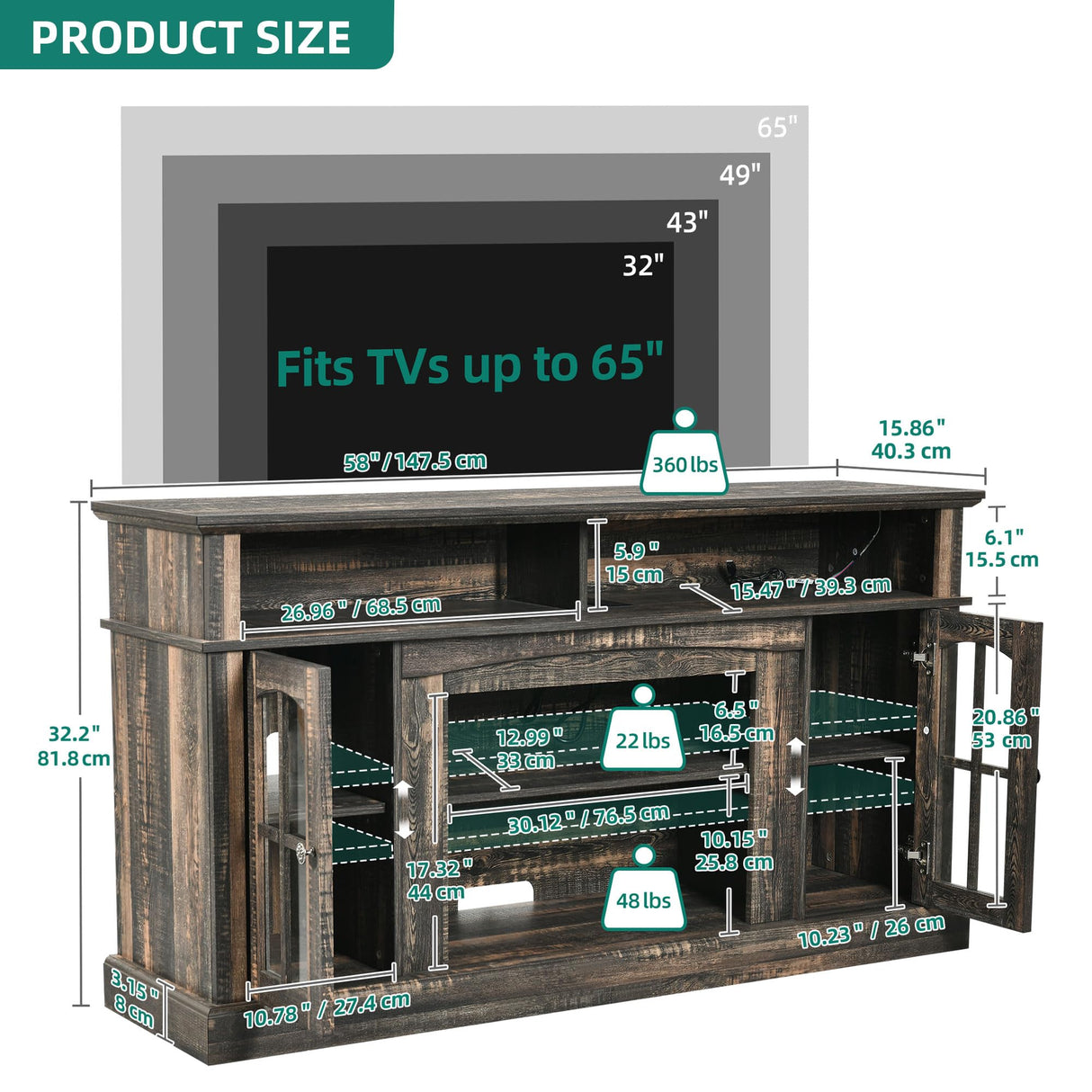 LED Farmhouse TV Stand for TV up to 65" w/Outlets,