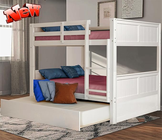 Upgraded Version Thicken Solid Wood Full Over Full Bunk Bed with Trundle