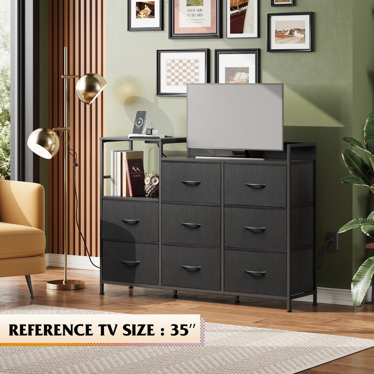 Black Dresser TV Stand for Bedroom with Charging Station, Wide Storage Chest of Drawers