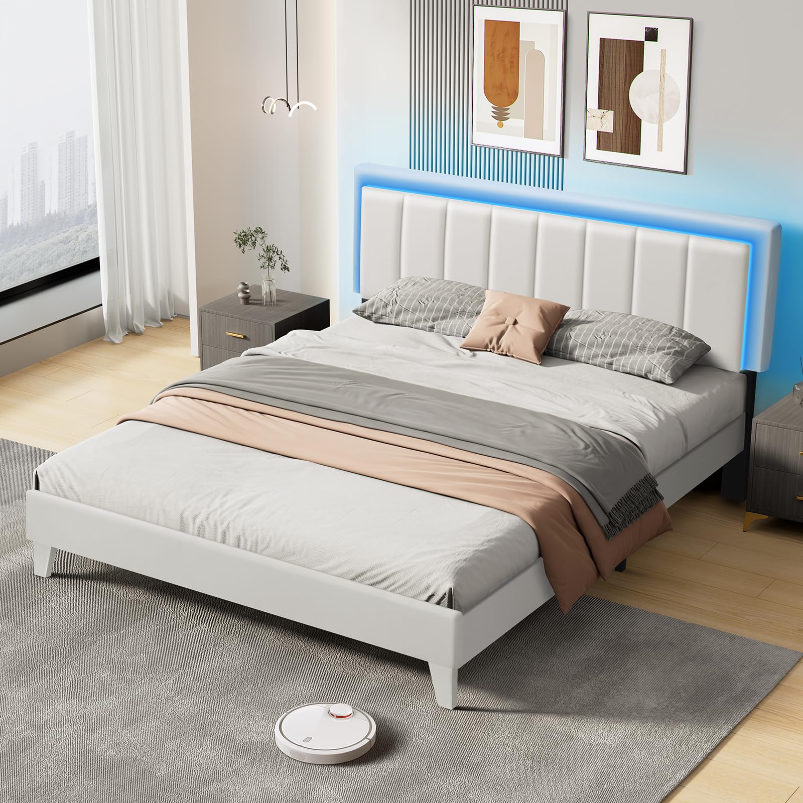 Queen Size Bed Frame with LED Lights, Upholstered Faux Leather Bed with Adjustable Headboard & Footboard,