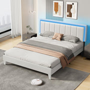 Queen Size Bed Frame with LED Lights, Upholstered Faux Leather Bed with Adjustable Headboard & Footboard,
