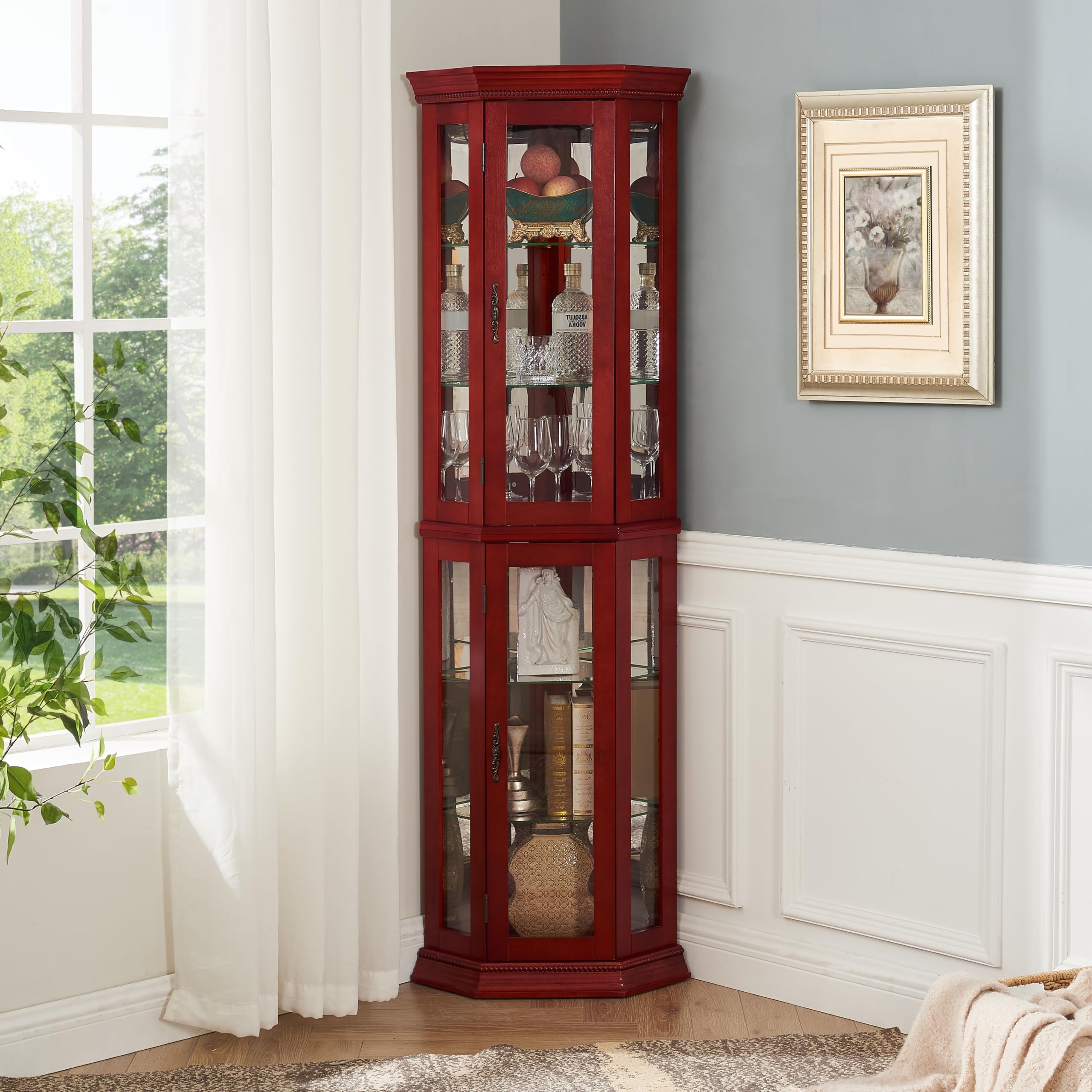 Cabinet Lighted Corner Display, Glass Display Shelf Shelving Bar Cabinet with Tempered Glass Door, Bar Cabinet,Cabinet with Adjustable Shelf Glass (Reddish Brown)