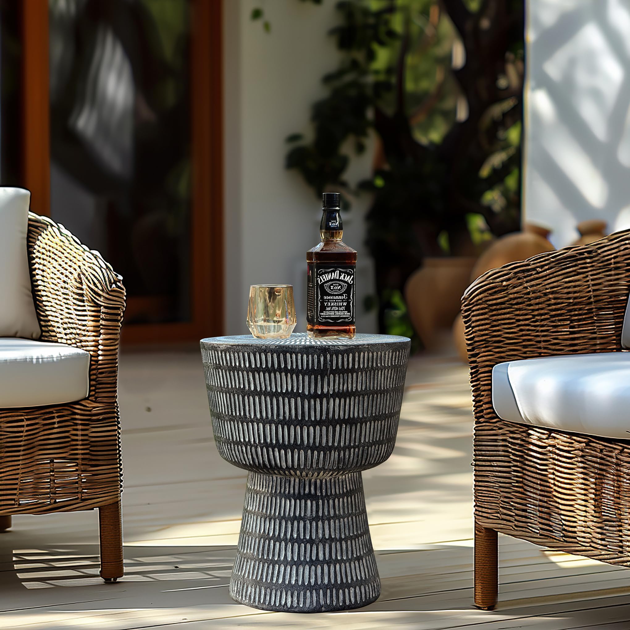 Outdoor Accent Side Table, 15'' Black Round Spiral Pattern Concrete End Table