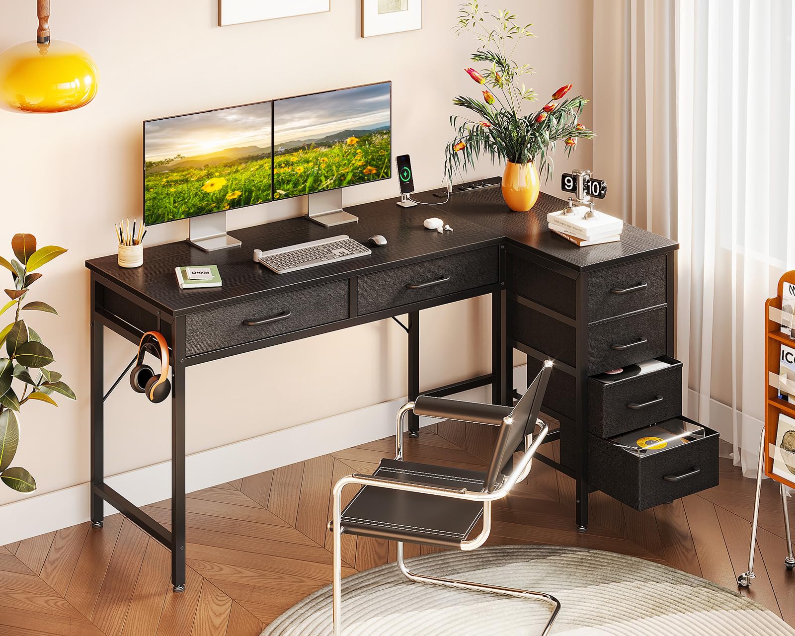 50 Inch L Shaped Desk with Drawers, Computer Desk with Power Outlets