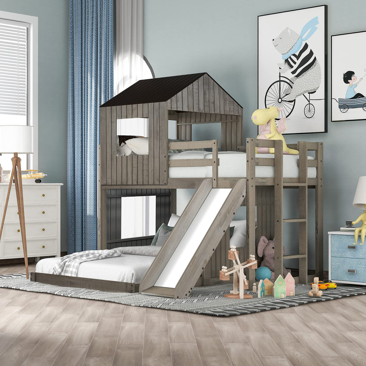 House Bunk Beds with Slide, Wood Twin Over Full Bunk Beds with Roof and Guard Rail