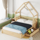 Queen Size House Bed Frame with Storage Drawers and Guardrail