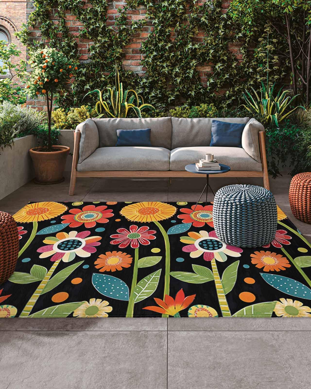 Outdoor Rug 6x9 ft Watercolor Flowers Outdoor Large Area Rug Non Slip Rubber