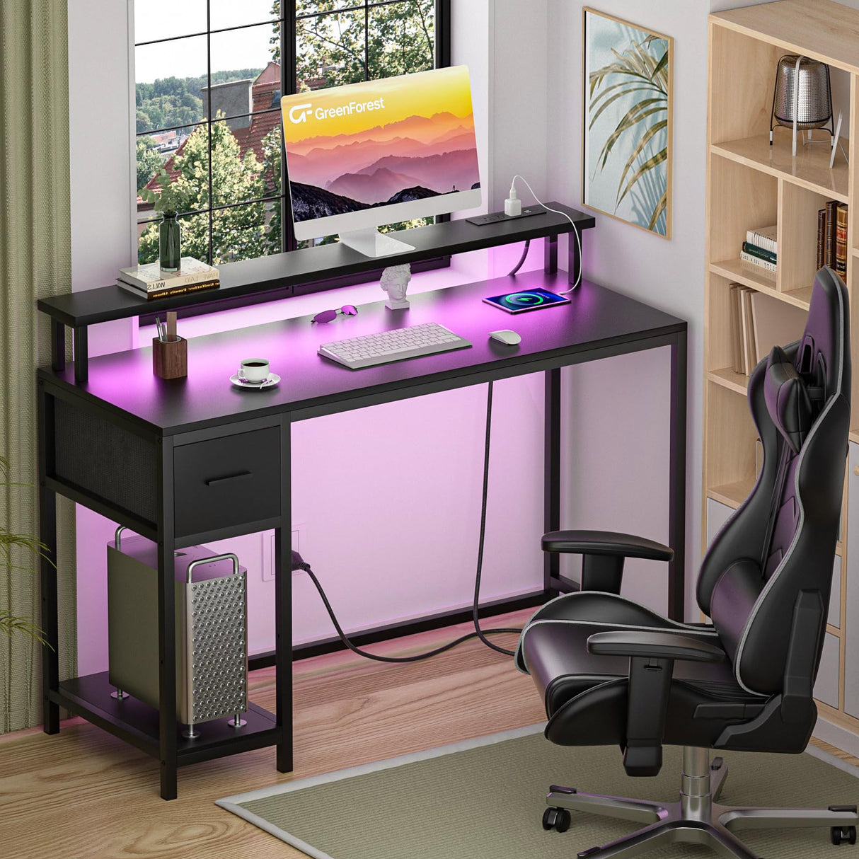 Gaming Desk with LED Lights and Power Outlets 39 inch Computer Desk with Fabric